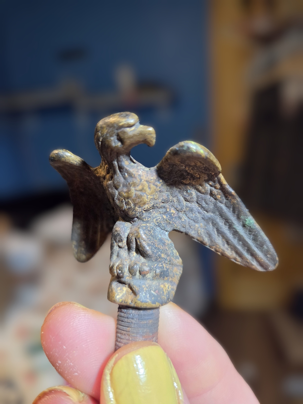 Vintage Brass Eagle Finial Flag Pole Topper Antique Bird Wings 2 1/2"